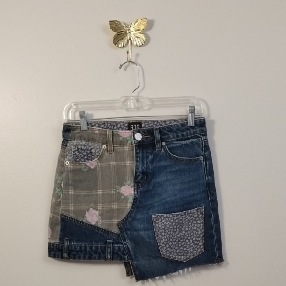BDG Urban Outfitters Patchwork Mini Denim Skirt with Floral and Plaid Details XS
